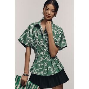 EXQUISE Madilynn Short Sleeve Pleated Blouse Green Button Front Women's XS